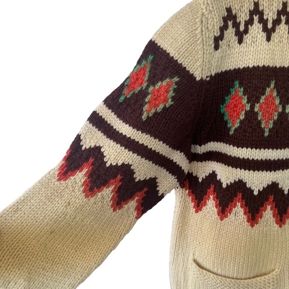 VTG 50s Cowichan Style Mary Maxim Wool Heavy Knit Cardigan Lightning Zip FLAWS - Picture 3 of 16